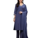 Solid Embroidered A-line Kurta Set with Dupatta for Women