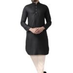 Men's Cotton Blend Long Sleeves Regular Fit Solid Black Kurta Trousers Set (36)