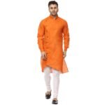 Mens Cotton Angrakha Side Cut Kurta Pyjama Set (40, Orange)