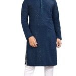 Georgette Men's Indian Ethnic Wear Straight Lucknowi Regular Fit Kurta Dark Blue, 2XL