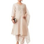 Myx Women's Embroidered Kurta Pant Set with Dupatta (SS25-MYX-ZIL-KS-26_Chiku_M)