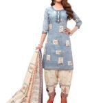 Women's Cotton Printed Stitched Patiyala Salwar Suit Set for Women with Dupatta (SUIT_AP-6047_L_Grey & Beige_L)